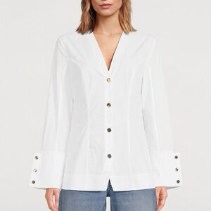 Ganni White Collarless V-Neck Poplin Long Sleeve Organic Cotton Button Shirt Top